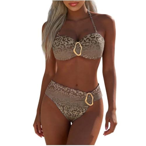 Image of Bikini Sets for Women UK Two Piece Swimsuit Leopard Print Swimming Costume Padded Swimwear Wireless Bathing Suits Halter Tie Swimsuits Triangle Bikini Set Vacation Beachwear Brown L
