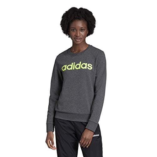 Image of adidas Female Essentials Linear Crewneck, Dark Grey/Signal Green,XS