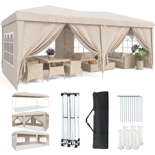 Image of Aoxun Pop Up Gazebo 3x6m with 6 Removable Sidewalls, Waterproof Instant 10x20ft Tent, UV Protected Large Heavy Duty Party Canopy for Outdoor Events and Weddings (Beige)