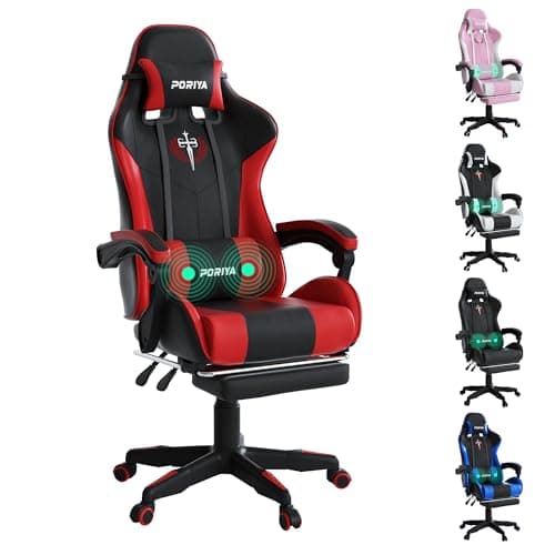 Image of PORIYA Gaming Chair with Adjustable Backrest, Ergonomic Executive Office Chair, Height Adjustable Racing Chair 2-Point Massage Reclining Computer Chair Capacity Weight 150 kg (Black&Red Massage)