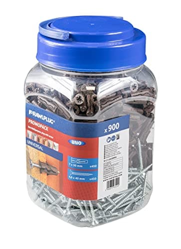 Image of Rawlplug Uno Universal Screws and Wall Plugs Set 7mm BROWN | Screws and RawlPlugs for Plasterboard Masonry Brick Concrete | Pack of 450,L