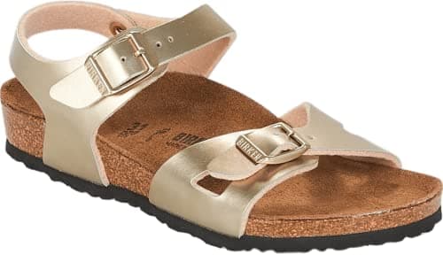 Image of Birkenstock Arizona Boa Leather Sandals, BF Soft Metallic Gold/Black, 1-1.5 Narrow Little Kid