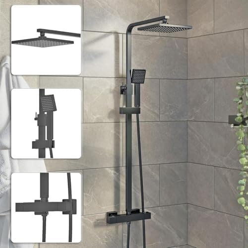 Image of Architeckt® Thermostatic Shower Mixer Set with Rainfall Head Adjustable Riser Rail Handset and Hose Showers Thermostat Square, Matt Black