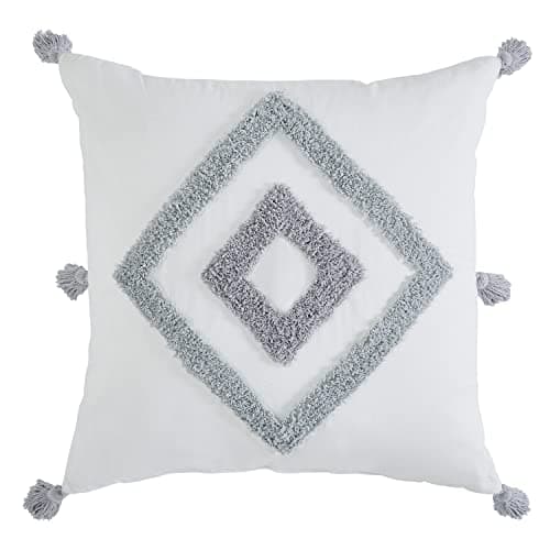 Image of Indigo Ink Medallion Collection Boho Tufted Diamond Decorative Pillow with Tassels, 20" x 20", White