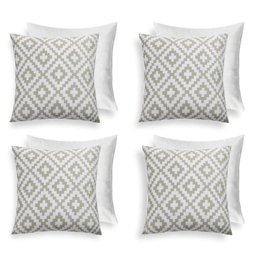 Image of OHS Geometric Cushions with Covers Included 45 x 45cm Set of 4 Outdoor Cushions Waterproof Soft Decorative Patio Garden Cushion Home Decor Outdoor Bench Cushion with Invisible Zipper, White/Sage