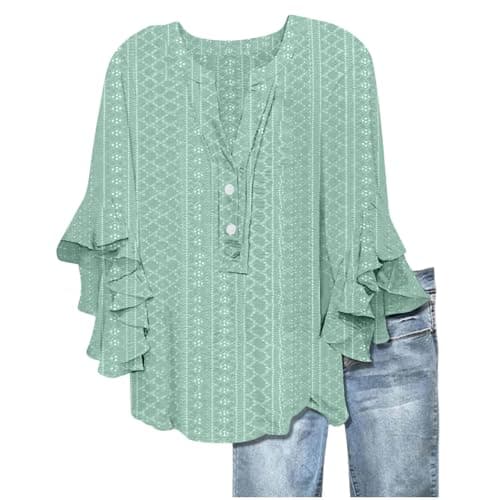 Image of Womens Fashion Womens Tops Casual Ruffle 3/4 Sleeve Shirts V Neck Button Up Baggy Top Plus Size Floral Printed Tee Eyelet Hollow Spring Summer Beach Blouses Green S