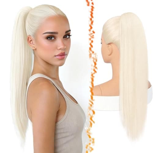 Image of BARSDAR Platinum Blonde Straight Drawstring Ponytail Extension, 22 Inch Long Straight Drawstring Ponytail Extension Natural Looking Soft Synthetic Cheer Posh Pony Tails Hairpieces Daily Party
