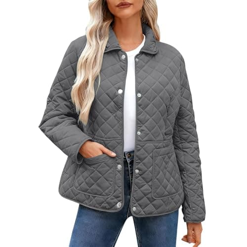 Image of Women's Quilted Jackets Uk - Diamond Lightweight Padded Coat, Long Sleeve Casual Loose Puffer Jacket, Pockets, Oversized Lapel Collar Button Down Pullover Top, Winter Warm, Windproof, Outwear Walking