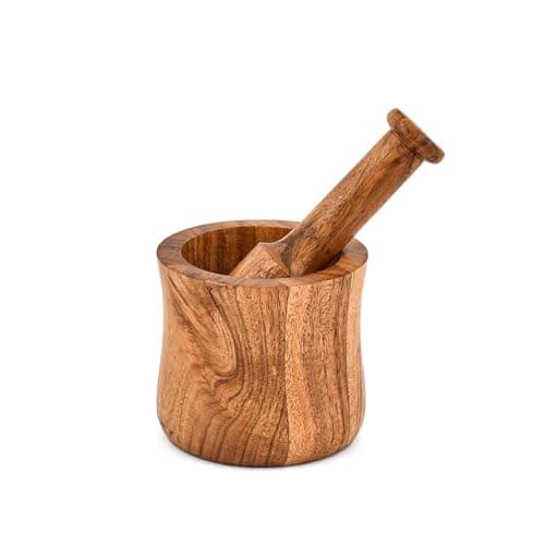 Image of Indus Lifespace Mortar & Pestles Acacia Wood Small Spice Grinder, Herb Crusher & Guacamole Bowl Wood Crusher for Kitchen & Home (4" x 4" x3")