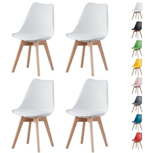 Image of MOF Dining Chairs Set of 4 – Modern Faux Leather Dining Room Chairs with Wooden Legs, Padded Seat & Curved Backrest–Easy to Clean Chair for Lounge, Kitchen, Office - Stylish DELUXE Retro EVA (WHITE)