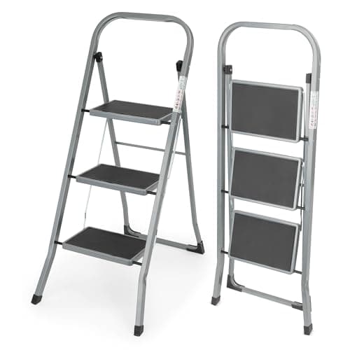 Image of LIVIVO 3 Step Ladder with Handrail – 150kg Load Heavy-Duty Foldable Lightweight Steel Ladder with Anti-Slip Folding Steps & Feet - Slim & Portable Ladders for Home, DIY, Cleaning, House Decorating