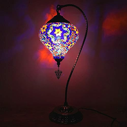 Image of (6 Colors) Turkish Mosaic Table Lamp Handmade Glass Lamp Swan Neck Desk Light Moroccan Bohemia Retro Art Stained Glass Style Night Light with Bronze Base for Bedroom Cafe, 7 Inch,B