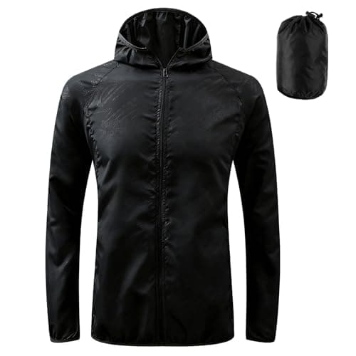 Image of ADUDVLO Men's Lightweight Waterproof Jacket with Pockets, Packable Hooded Windproof Rain Jacket for Travel, Running & Hiking – Includes Carry Pouch (UK, Alpha, M, Regular, Regular, Black)