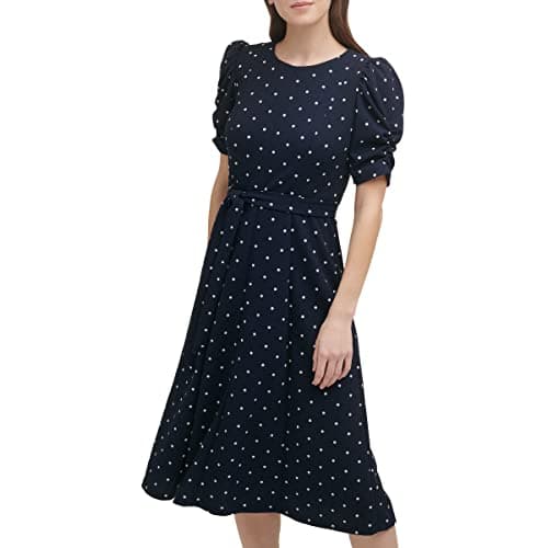 Image of DKNY Women's Jewel Neck Scuba Crepe Dress, Black/Ivory Multi, 14