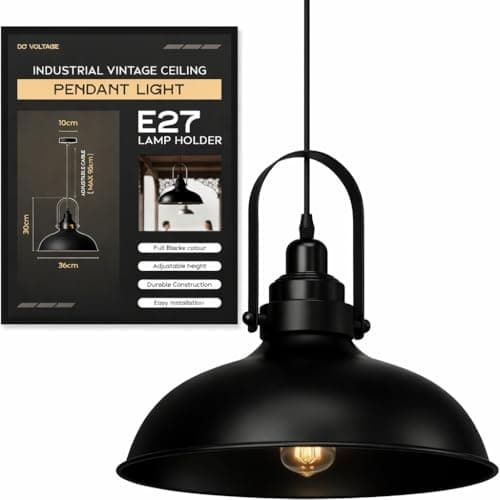 Image of DC VOLTAGE Vintage Style Black Metal Ceiling Pendant Light 36cm W Curvy Shape Industrial E27 Large Lamp Shade Fitting Fixtures Easy Fit Decor for Island Kitchen Bedroom Cafe Living Room
