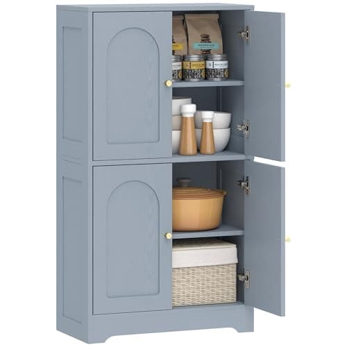 Image of HOMCOM 110cm Kitchen Cupboard, Freestanding Kitchen Storage Cabinet with 4 Arched Doors and 2 Adjustable Shelves, Modern Pantry Cupboard for Dining Room, Grey