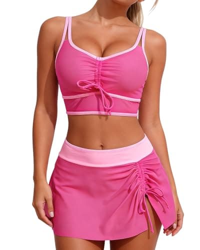Image of EOAMGO Women’s Bikini Set with Drawstring Swim Skirt, Two Piece High Waisted Swimsuit, Scoop Neck Wide Strap Top with Ruched Front Tie (UK, Alpha, M, Regular, Regular, Pink)