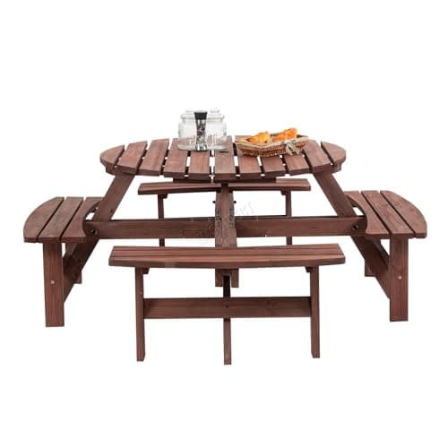 Image of WestWood BIRCHTREE Garden Patio 8 Seater Wooden Pub Bench Round Picnic Table Outdoor Indoor Home Park furniture Brown New