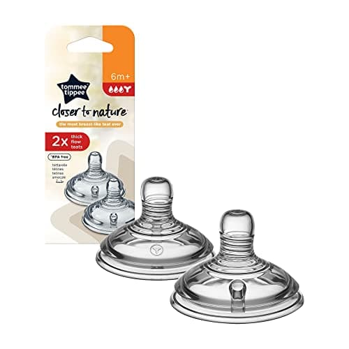 Image of Tommee Tippee Closer to Nature Baby Bottle Teats, Breast-Like, Anti-Colic Valve, Soft Silicone, Thick Flow, 6m+, Pack of 2
