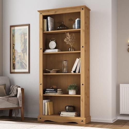 Image of Mews Corona Bookcase Tall Large 5 Book Shelves Mexican Pine Solid Wood
