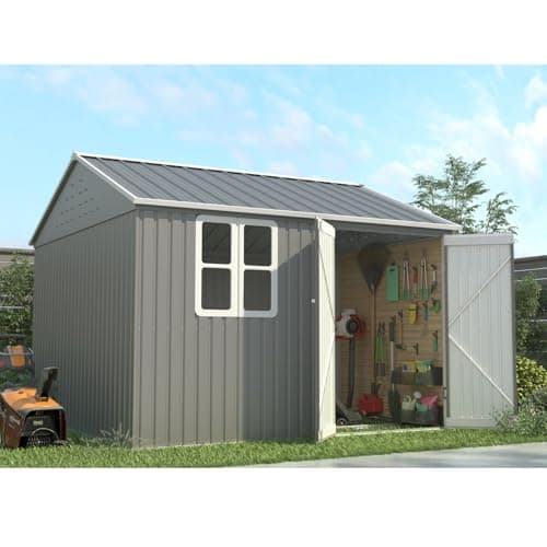 Image of BIRCHTREE Garden Shed Steel Apex Roof House Outdoor Backyard Storage With Lockable Double Doors Window Free Foundation Tool Equipment Organizer Air Vents 10x8FT Grey