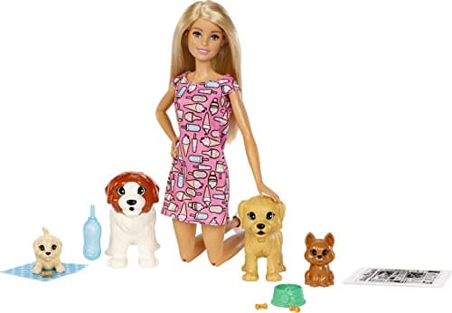Image of Barbie FXH08 Doggy Daycare Doll, Blonde, and Pets Playset with 4 Dogs, Including One Puppy that Poops and One that Pees, Gift for 3 to 7 Year Olds​​​, Multicolor, 32.4 cm*7.0 cm*22.9 cm