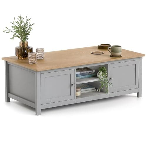 Image of CHRISTOW Coffee Table with Storage & Oak-Effect Top, 2 Open Shelves & 2 Cupboards, Modern 3 Tier Living Room or Bedroom Table, Sturdy MDF Frame, Matte Painted Grey Finish, H40cm x W115cm x D60cm