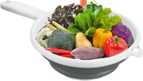 Image of Collapsible Colander with Handle Space Saving Heavy Duty Kitchen Strainer Foldable Assorted Color Food Grade Silicone Drain Basket for Draining Noodles Spaghetti Vegetables Rice Pasta and Fruit 1pcs