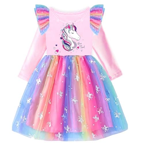Image of VIKITA Girls Princess Tulle Dresses Long Sleeve Casual Birthday Party Printed Sequins Animal Kids Dress Up Lh4871 3-4Y