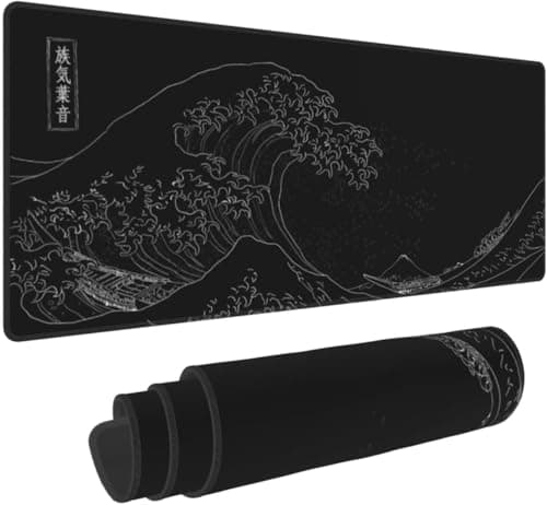 Image of Extended Large Anime Black Mouse Pad The Great Wave off Kanagawa Painting Big Gaming Keyboard Mat XXL Non-Slip Water-Resistant Rubber Base Full Desk Mousepad 3D Pattern