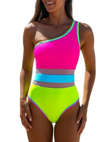 Image of popvil Women's Sexy One Shoulder One Piece Bathing Suits Neon Color Block Swimsuits Slimming Mesh Swimwear, Neon Hot Pink, Medium