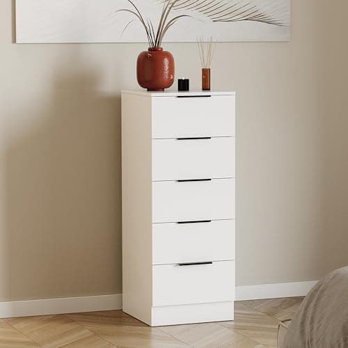 Image of Vida Designs Trega 5 Drawer Narrow Chest of Drawers White - Slim Space-Saving Bedroom Storage Unit - 90Hx34.5Wx36Dcm - Anti-Bowing Support, Black Handles, Glide Runners - For Small Rooms & Nursery