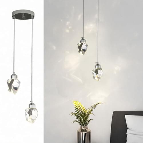 Image of Sxtiger Modern Crystal Pendant Light, 3-Color LED Silver Ceiling Hanging Lamp, for Kitchen Island Bedroom Living Room Dining Room Lighting (2-Head Round Base)