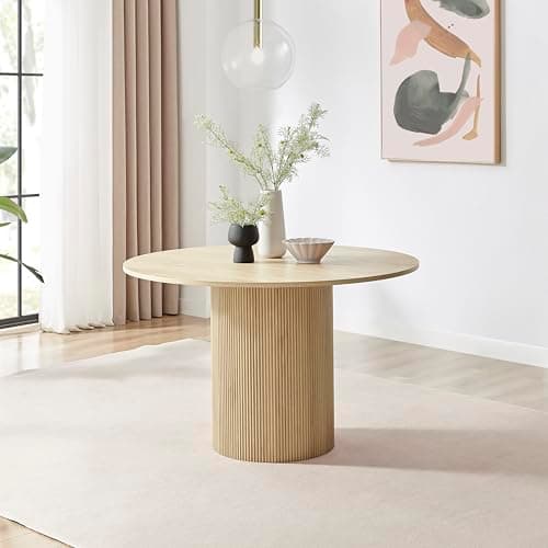 Image of Furniturebox UK Dining Table - 'Penrose' Oak 120cm 4-6 Seat Round Wooden Pedestal Dining Table - Melamine Veneer - Slatted Wood Pillar Leg - Modern Scandi Style Dining Furniture