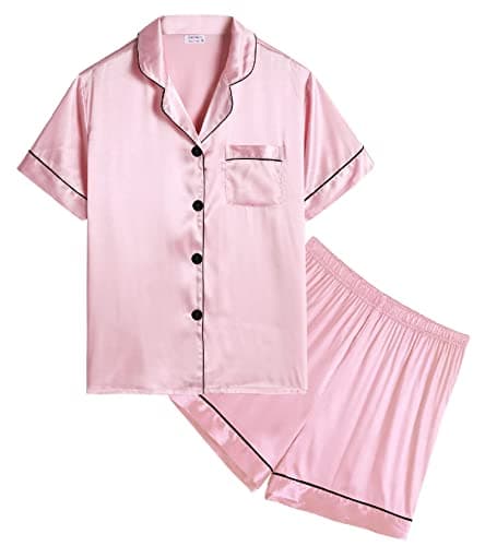 Image of SWOMOG Girls Silk Pyjamas Short Sleeve Sleepwear Kids 2Pcs Satin Button-Down PJ Sets Nightwear Pink 8-9 Years