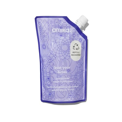 Image of amika bust your brass cool blonde strength repair hair conditioner - hydrating + strengthening toning purple conditioner for blondes, silvers + grays - helps reduce breakage (500 ml)