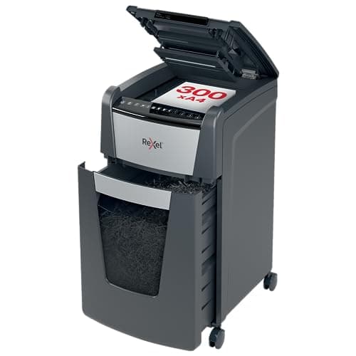 Image of Rexel Optimum Auto Feed+ 300 Sheet Automatic Cross Cut Paper Shredder, P-4 Security, Small Office Use, 60 Litre Removable Bin, Castor Wheels, 2020300X, Black