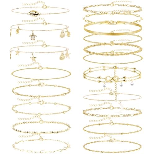 Image of DAVBNM 19 Pcs Women's Anklets Stylish Gold Ankle Bracelets for Women Adjustable Anklet Chains, Large Size Anklets for Women Ladies Anklet Bracelet Collection by Women's, Ladies Ankle Bracelet, Gold