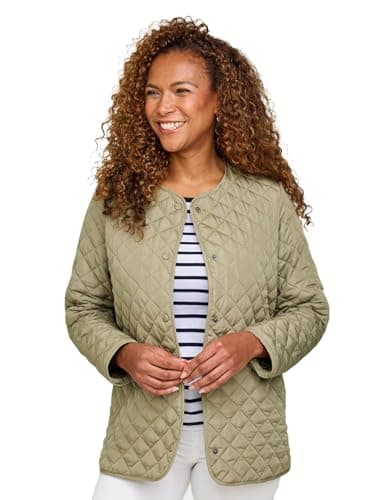 Image of Amber Ladies Lightweight Showerproof Diamond Quilted Collarless Jacket with Stud Fastening & Side Seam Pockets Khaki 16