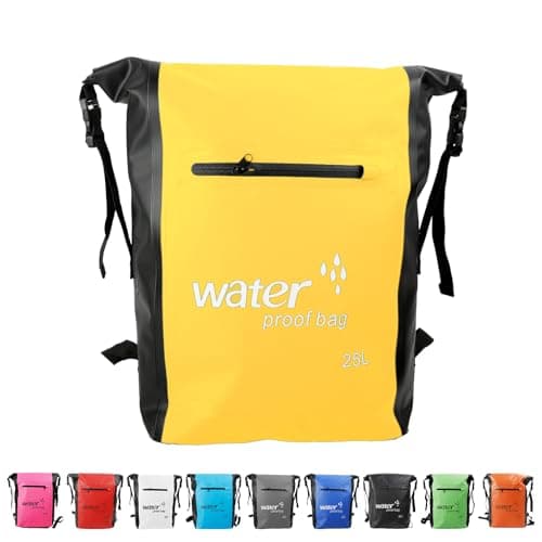 Image of MOMAHUA 25L Waterproof Dry Bag Backpack with Double Shoulder Straps - Yellow Durable PVC Roll Top Dry Sack - Heavy Duty Reusable Rucksack for Kayaking, Boating, Beach & Travel
