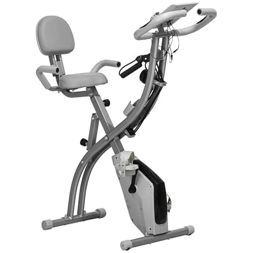 Image of HOMCOM 3-in-1 Folding Exercise Bike, Foldable Stationary Bike with 8-Level Adjustable Magnetic Resistance, Resistance Bands, Adjustable Seat, Pulse Sensor, LCD Monitor and Wheels, Grey