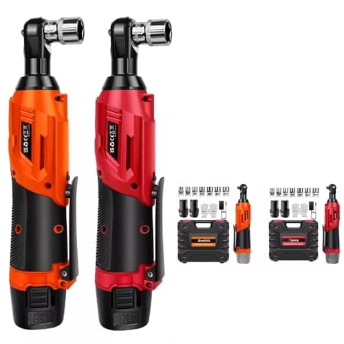 Image of Lucn Red 500Nm Electric Cordless Right Ratchet 3/8'' 90 Angle Wrench Power 2 Battery Kit