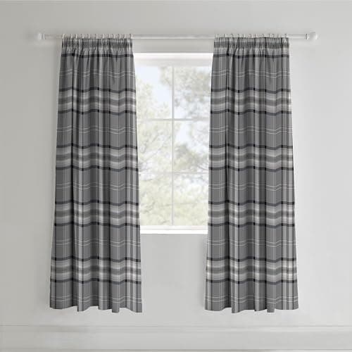 Image of Catherine Lansfield Kelso Check 66x72 Inch Lined Pencil Pleat Curtains Two Panels Charcoal Grey