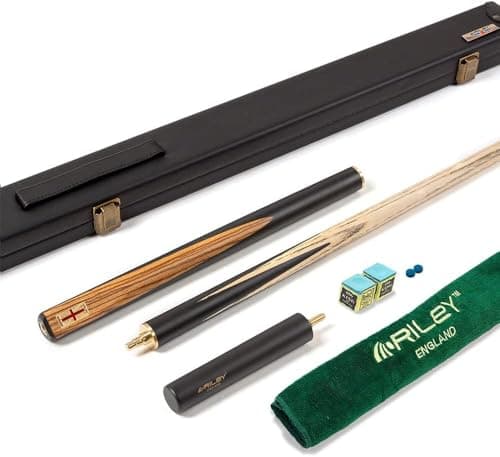 Image of Riley England 3 Piece Snooker Cue & Case 3/4 Cut – Hand Spliced Layered Ebonised Black Wood Butt - 145cm - Ash Shaft - 9.5mm Tip - Includes 15cm Extension & Accessory Pack (RES-1 Design)