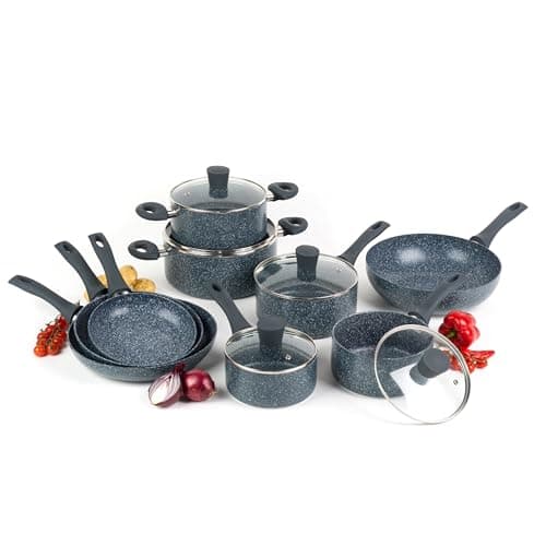 Image of Russell Hobbs COMBO-4836A Pots and Pans Set – 9-Piece Cookware Pan Set for Induction Hobs, Non-Stick Frying Pans, Saucepans, Stockpots, Stay Cool Handles, Blue Marble Cooking Set, Nightfall Stone