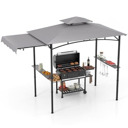 Image of SPOTRAVEL BBQ Gazebo, 2.5 x 1.5m/3.2 x 1.5m/4.2 x 1.2m Double Tiered Grill Shelter with 2 Side Shelves, Outdoor UV Resistant Grill Patio Canopy (Grey, with Extra Awnings)