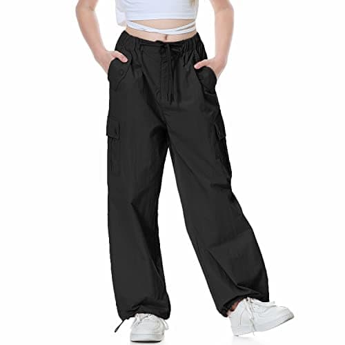 Image of Rolanko Girls Baggy Cargo Parachute Trousers, Y2K Vintage Joggers with Adjustable Elastic Waist for Kids Fit, Black, Tag Size: 130
