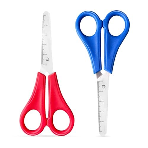 Image of Kids Scissors 2 PCS Preschool Children Safety Scissors with cm-Scale Plastic Handle Craft for Scrapbooking DIY Craft Students Teaching Stationery(2, Red+Blue)