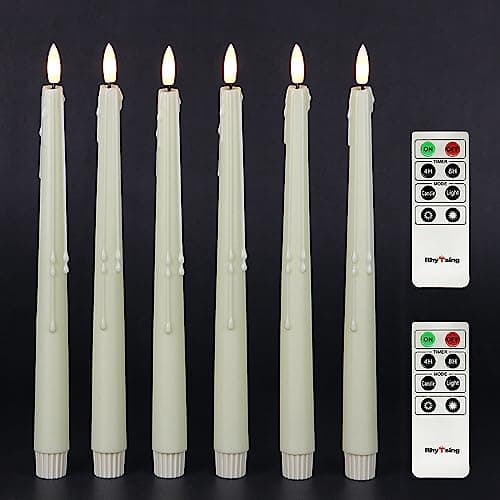 Image of Rhytsing Natural White Flameless Taper Candles with Timer Function, Battery Operated Dinner Long Candlestick Wax Drip Design, Warm White LED, 2 Remotes Included - Set of 6 - 29cm