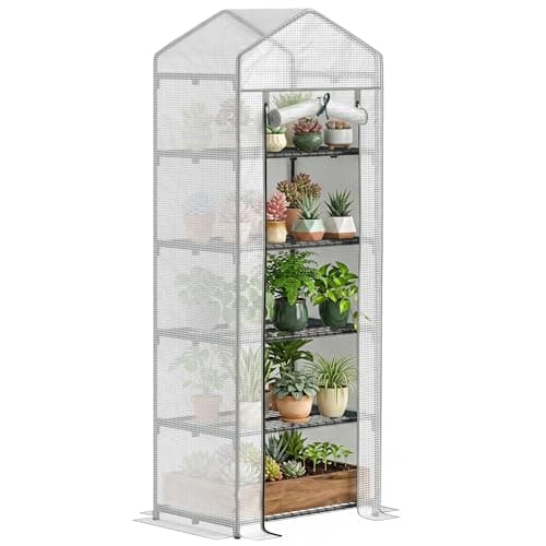 Image of Outsunny 5 Tier Mini Greenhouse, Portable Greenhouse with Reinforced PE Cover, Garden Grow House with Roll Up Door and Shelves, 69 x 49 x 193cm, White/Grey